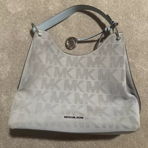 Michael Kors MK Joan Perforated Suede & Leather Light Blue Slouchy Hobo Bag - Picture 1 of 10